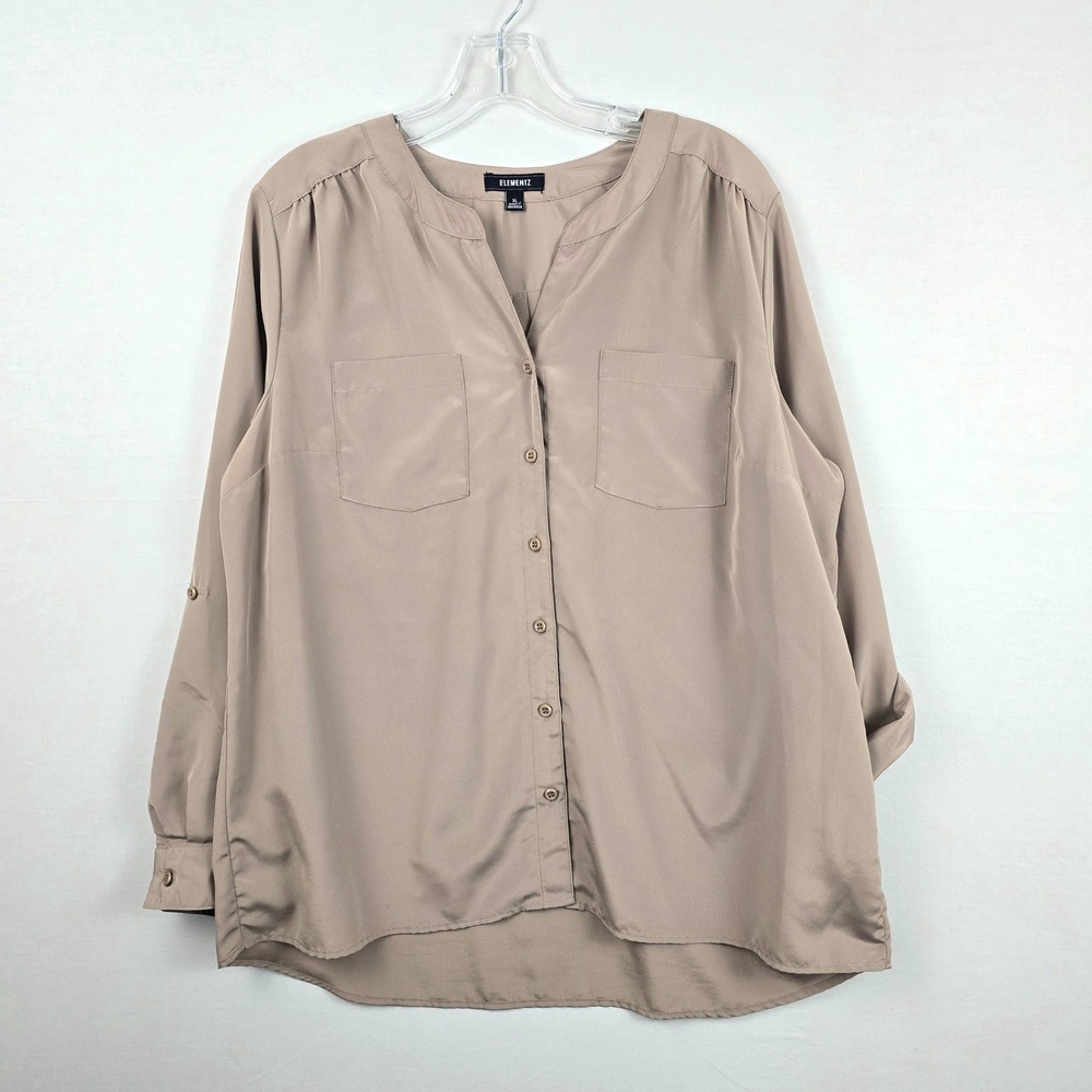 Elementz Button Front Roll Tab‎ Long Sleeve Light Brown Women Shirt XL